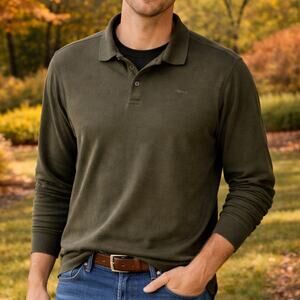 Louis Castel men's long sleeve pullover Medium green casual shirt 3/4 buttoned